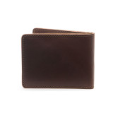 High quality red brown leather wallet bifold with RFID showing the back side.