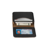 High quality red brown leather business card holder wallet laying flat and open.