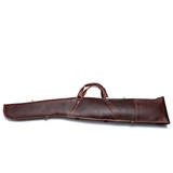 High quality dark brown leather gun sleeve for rifles and shotguns and it is facing the front.