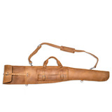 High quality tan brown leather gun sleeve for rifles and shotguns and it is facing the back.