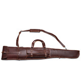 High quality red brown leather gun sleeve for rifles and shotguns and it is facing the back.