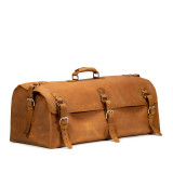 High quality this leather duffle bag is tan brown and has three straps on it. It is showing the side.