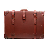 High quality front view of leather suitcase in red brown.