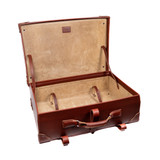 High quality saddleback Leather suitcase in red brown empty.