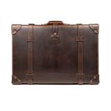 High quality saddleback suitcase in dark brown leather.