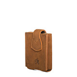 High quality another photo showing the backside of the tan leather playing card holder with a strap for closure. Made by Saddleback