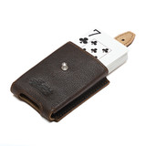 High quality leather deck holder opened with a deck of playing cards coming out. Made by Saddleback