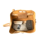 High quality tan light brown leather 24 inch Waterbag duffle travel bag, interior compartment view