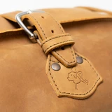 High quality tan light brown leather 24 inch Waterbag duffle travel bag, close-up stitching and leather details