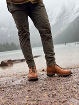 High quality view of the Huntsman boot in natural patina in outdoors