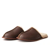 High quality front of the dark brown sheepskin slippers. Made by Saddleback