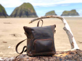 High quality this dark brown women's leather backpack is on a log at the beach.