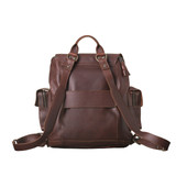 This reddish brown women's leather backpack is showing the back.