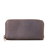 High quality dark brown large zippered leather wallet from the front.