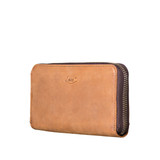 High quality tan brown large zippered leather wallet from the side.
