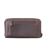 High quality dark brown large zippered leather wallet from the back.