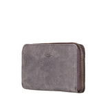 High quality side view of the large zippered leather wallet in black