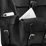 High quality this black leather backpack has pockets behind the pockets.