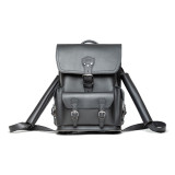 High quality front side picture of our black thin leather backpack that men and women love.
