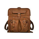 High quality front of the tan leather big mouth backpack that has two front pockets, two side pockets, and two tabs for easy opening. Made by Saddleback