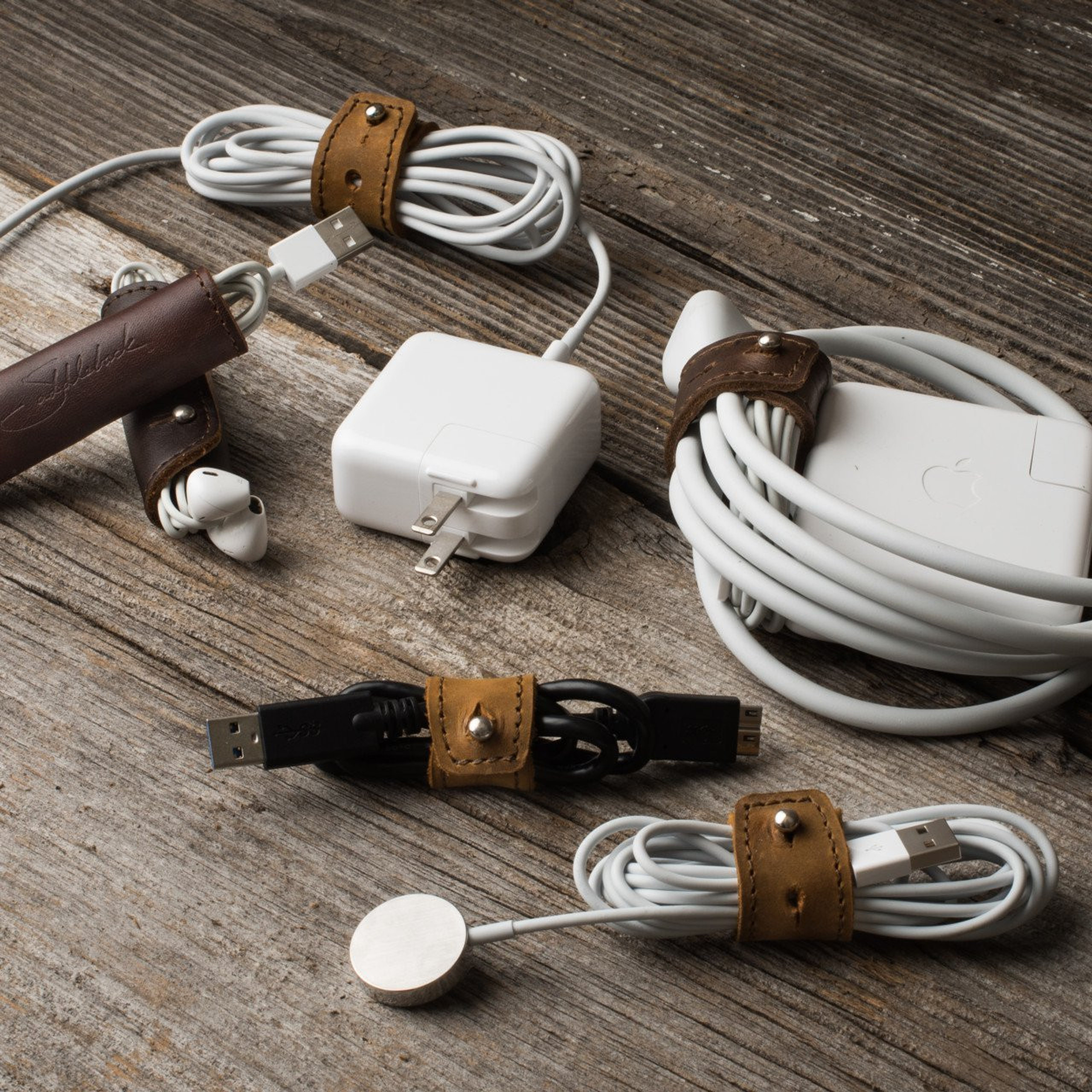 Leather Cord Wrap Set, Full Grain Cord Management