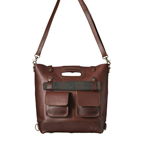 This is the front view of the Anniversary Leather Backpack Leather Tote in reddish brown