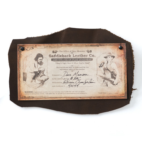 High quality full grain leather Printed SBL Gift Certificate front view - Saddleback Leather