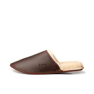 High quality dark brown full grain leather Dave's Deals Women's Sheepskin Slippers - Old Design - Size 9 - Dark Coffee Brown front view - Saddleback Leather