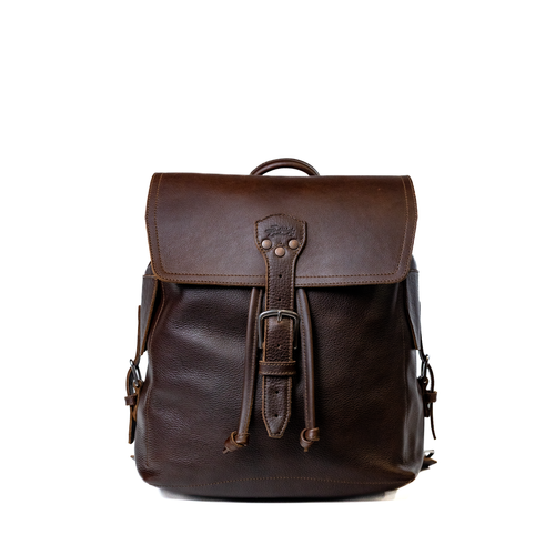16 inch leather drawstring backpack in Dark coffee brown. Front View