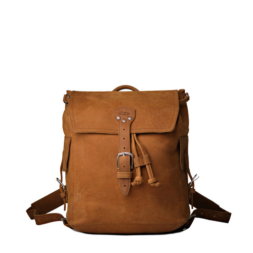 High quality tan full grain Dave's Deals 16" Leather Drawstring Backpack - Tobacco front view - Saddleback Leather