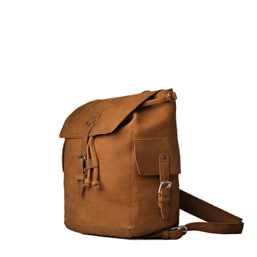 High quality tan full grain Dave's Deals 16" Leather Drawstring Backpack - Tobacco front view - Saddleback Leather
