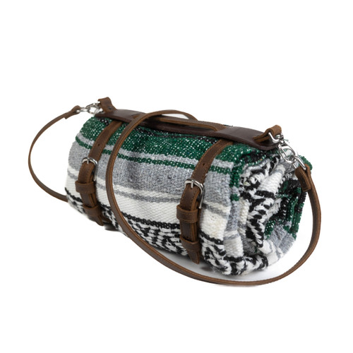 Leather Blanket Roll with Green Blanket - Rolled Angle