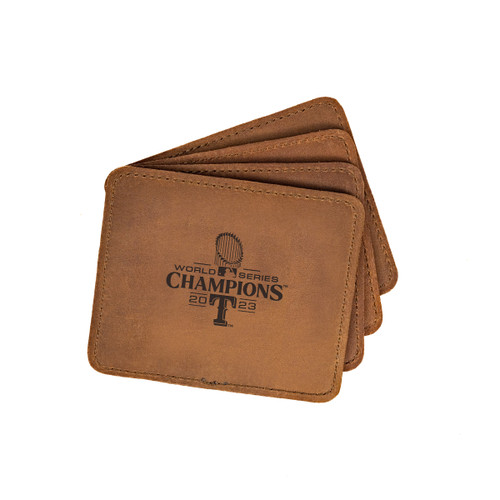 Celebrate the Texas Rangers' championship legacy with this brown leather coaster, commemorating their World Series victory. A must-have for every fan's game day.