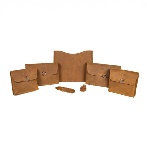 Tobacco colored automotive bundle that includes a 14 inch laptop sleeve, 2 large organizer pockets, 2 medium organizer pockets, 4 leather coaster set, and a keychain. Made by Saddleback