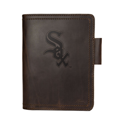 High quality dark brown leather journal cover with Chicago White Sox logo on it, made by Saddleback