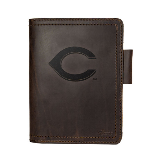 High quality dark brown colored leather journal cover with Cincinnati Reds logo on the front, made by Saddleback