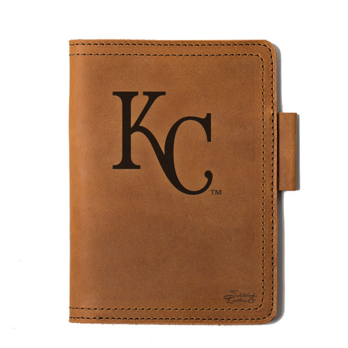 High quality tan colored leather journal cover with the Kansas City Royals logo on the front. Made by Saddleback