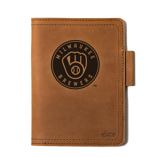 High quality tan colored leather journal cover with the Milwaukee Brewers logo on the front. Made by Saddleback