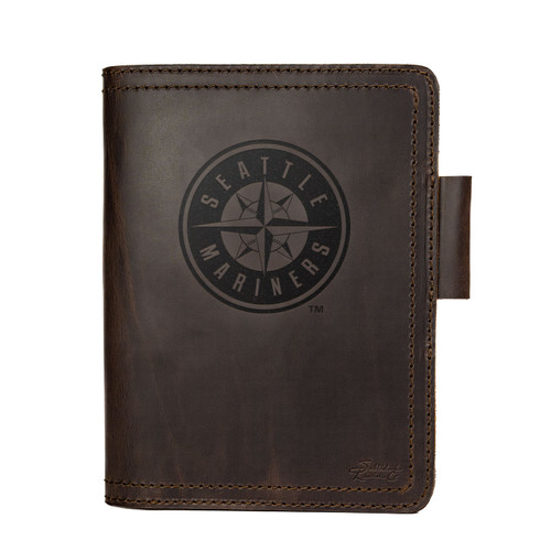 High quality dark brown colored leather journal cover with the Seattle Mariners logo on the front. Made by Saddleback