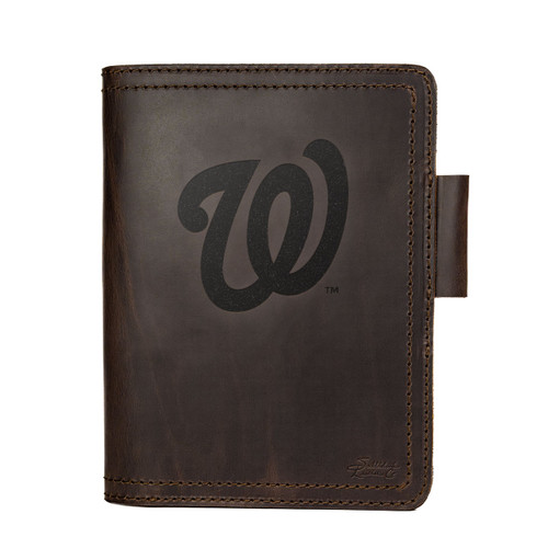 High quality dark brown colored leather journal cover with the Washington Nationals logo on the front. Made by Saddleback