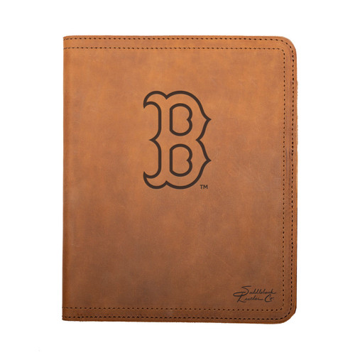High quality tan colored leather portfolio cover with the Boston Red Sox logo on it, made by Saddleback