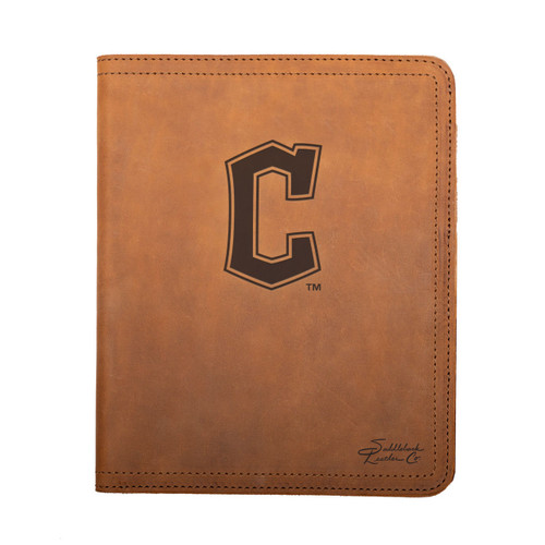 High quality tan colored leather portfolio with Cleveland Guardians logo on the front, made by Saddleback