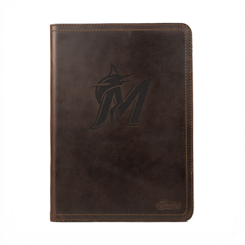 High quality dark brown colored leather portfolio with the Miami Marlins logo on the front. Made by Saddleback