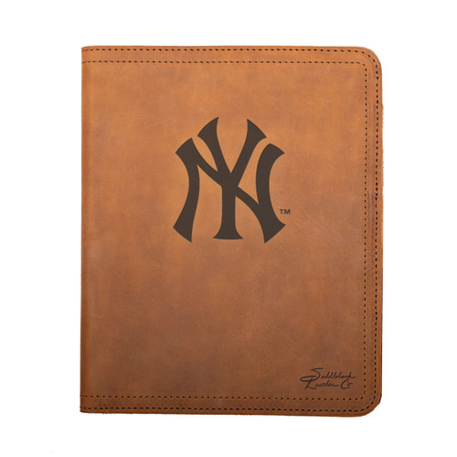 Tobacco colored leather portfolio with the New York Yankees logo on the front. Made by Saddleback