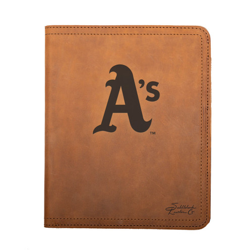 Tobacco colored leather portfolio with the Oakland Athletics logo on the front. Made by Saddleback