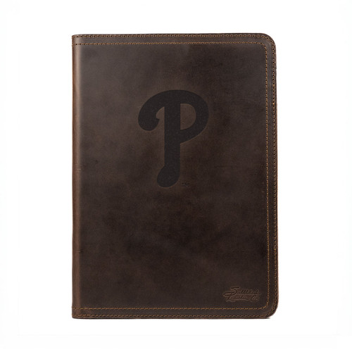 Dark coffee brown colored leather portfolio with the Philadelphia Phillies logo on the front.  Made by Saddleback