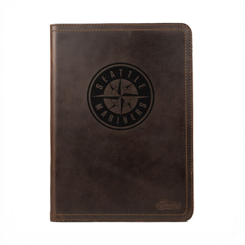 Dark coffee brown colored leather portfolio with the Seattle Mariners logo on the front.