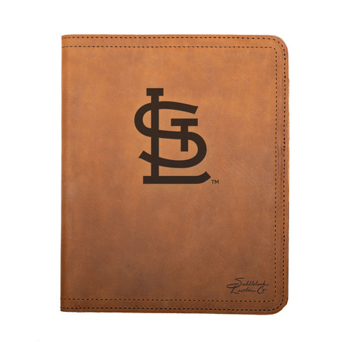 Tobacco colored leather portfolio with the St. Louis Cardinals on the front. Made by Saddleback
