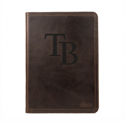 Dark coffee brown colored leather portfolio with the Tampa Bay Rays logo on the front. Made by Saddleback