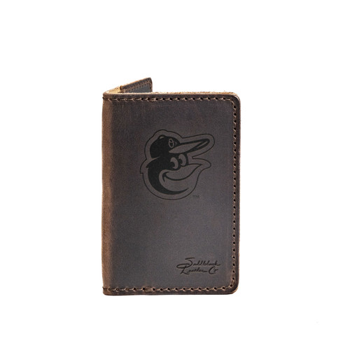 Dark coffee brown leather business card holder with a Baltimore Orioles logo on it, made by Saddleback